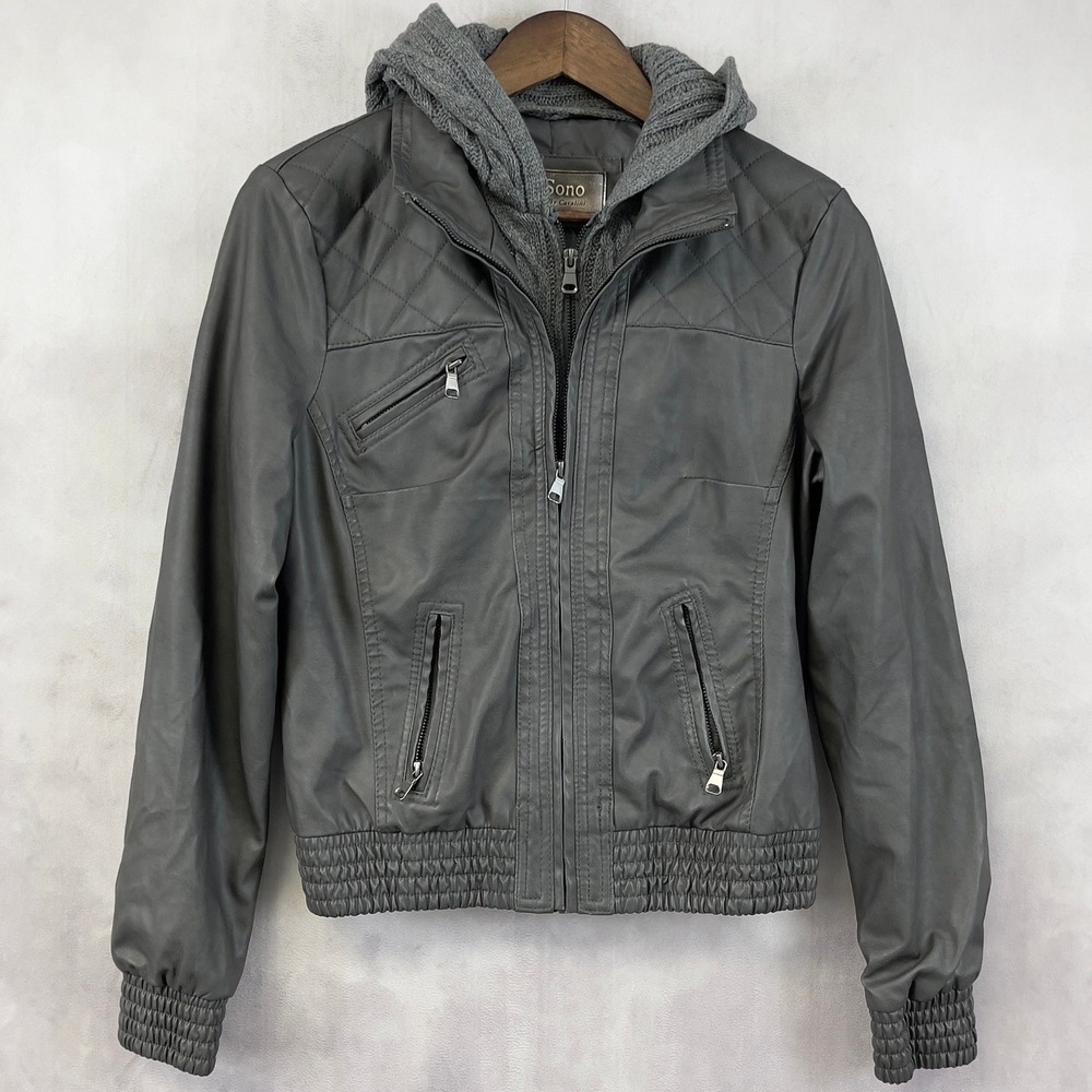 Ci Sono Faux Leather Moto Jacket Women Large Gray Hooded Quilted Edgy Streetwear